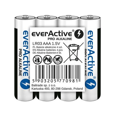 EVERACTIVE BATERIE ALKALICZNE PRO ALKALINE R03, AAA, SHRINK 4SZT , 1250 MAH, WYSOKA WYDAJNOŚĆ, LR03PRO4T
