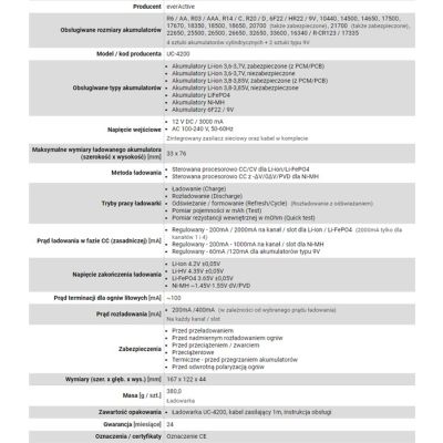 EVERACTIVE ŁADOWARKA DO AKUMULATORÓW CYLINDRYCZNYCH LI-ION ORAZ NI-MH UC4200-49735