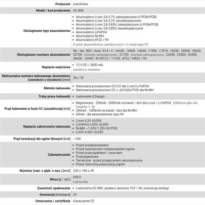 EVERACTIVE ŁADOWARKA DO AKUMULATORÓW CYLINDRYCZNYCH LI-ION ORAZ NI-MH UC800-49802