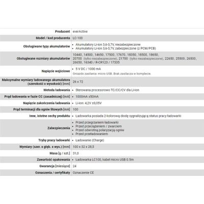 EVERACTIVE ŁADOWARKA DO AKUMULATORÓW CYLINDRYCZNYCH LI-ION LC100-49866