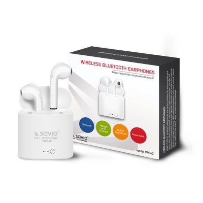 Słuchawki bezprzewodowe SAVIO TWS-01 (douszne; bezprzewodowe, Bluetooth; z wbudowanym mikrofonem; kolor biały-1214896