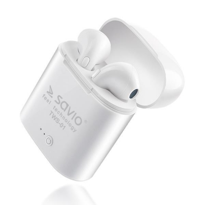 Słuchawki bezprzewodowe SAVIO TWS-01 (douszne; bezprzewodowe, Bluetooth; z wbudowanym mikrofonem; kolor biały-1214898