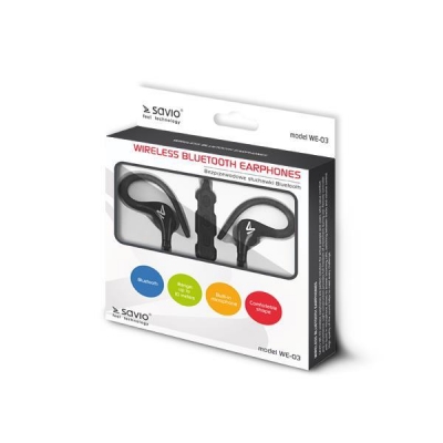 Słuchawki bezprzewodowe, z mikrofonem, ze słuchawkami SAVIO WE-03 (dokanałowe, sportowe; bezprzewodowe, Bluetooth; z wbudowanym mikrofonem; kolor czarny-1214916