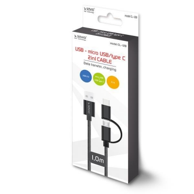 Kabel SAVIO CL-128 (Micro USB typu B, USB typu C - USB 2.0 typu A ; 1m; kolor czarny)-1215391