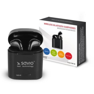Słuchawki bezprzewodowe SAVIO TWS-02 (douszne; bezprzewodowe, Bluetooth; z wbudowanym mikrofonem; kolor czarny-1670525
