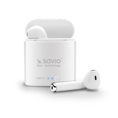Słuchawki bezprzewodowe SAVIO TWS-01 (douszne; bezprzewodowe, Bluetooth; z wbudowanym mikrofonem; kolor biały-2887079