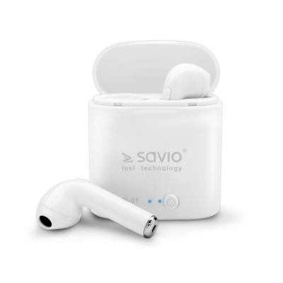 Słuchawki bezprzewodowe SAVIO TWS-01 (douszne; bezprzewodowe, Bluetooth; z wbudowanym mikrofonem; kolor biały-2887082