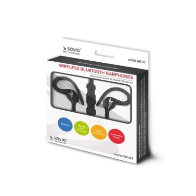 Słuchawki bezprzewodowe, z mikrofonem, ze słuchawkami SAVIO WE-03 (dokanałowe, sportowe; bezprzewodowe, Bluetooth; z wbudowanym mikrofonem; kolor czarny-2887281