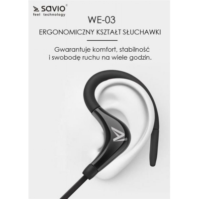 Słuchawki bezprzewodowe, z mikrofonem, ze słuchawkami SAVIO WE-03 (dokanałowe, sportowe; bezprzewodowe, Bluetooth; z wbudowanym mikrofonem; kolor czarny-2887284