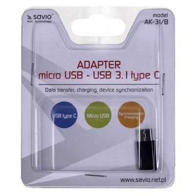 Adapter SAVIO AK-31/B (Micro USB F - USB typu C M; kolor czarny)-3001217