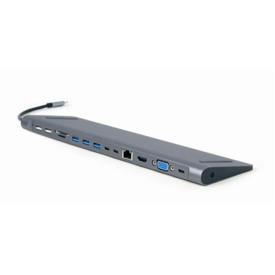 GEMBIRD MULTI ADAPTER USB TYPE-C 8W1 (HUB USB + HDMI + VGA + PD + CZYTNIK KART + LAN + AUDIO 3,5 MM) KOLOR SZARY