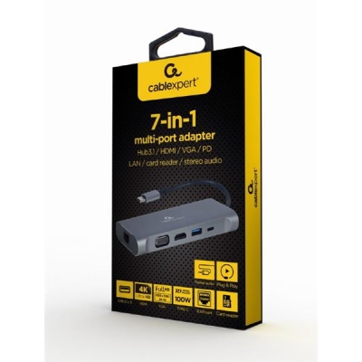 GEMBIRD MULTI ADAPTER USB TYPE-C 7 W 1 (HUB3.0 + HDMI + VGA + PD + CZYTNIK KART + DŹWIĘK STEREO), SZARY-5473149