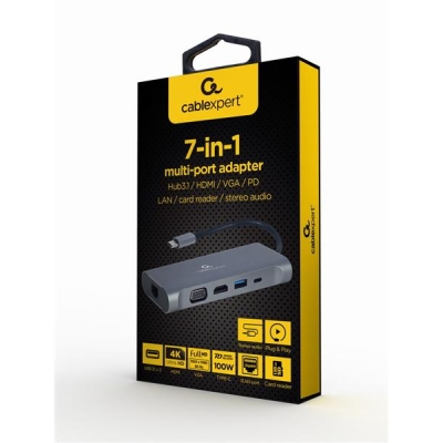 GEMBIRD MULTI ADAPTER USB TYPE-C 7 W 1 (HUB3.0 + HDMI + VGA + PD + CZYTNIK KART + DŹWIĘK STEREO), SZARY-5473152