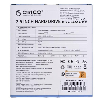 ORICO OBUDOWA DYSKU HDD/SSD USB-C 3.1 6GBPS,CZARNA-5844400