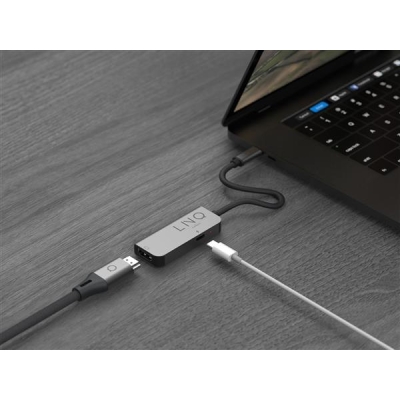 LINQ HUB USB-C ADAPTER 2IN1 (1X HDMI 2.0 4K/60HZ, 1X USB-C PD 100W DO ZASILANIA), PLECIONY KABEL 15 CM-5851578