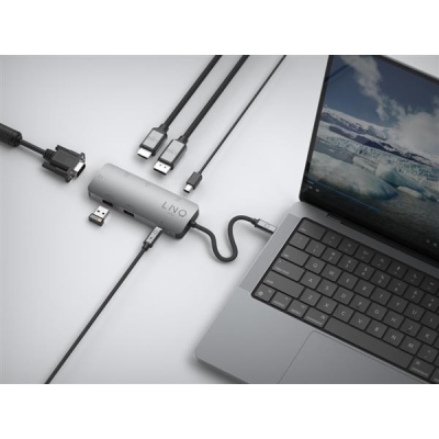 LINQ HUB USB-C 7IN1 TRIPLE DISPLAY MST (HDMI, DISPLAY & MINI DISPLAYPORT DP1.4, VGA, 2XUSB-A 2.0, USB-C PD100W DO ZASILA