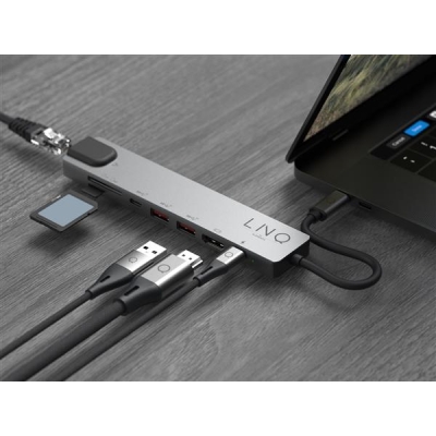 LINQ HUB USB-C 8IN1 PRO USB-C MULTIPORT HDMI 4K/60HZ,USB-C,USB-C PD3.0 100W DO ZASILANIA, 2XUSB-A,RJ45 1GBIT,SLOT SD,TF/