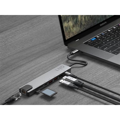 LINQ HUB USB-C 8IN1 PRO USB-C MULTIPORT HDMI 4K/60HZ,USB-C,USB-C PD3.0 100W DO ZASILANIA, 2XUSB-A,RJ45 1GBIT,SLOT SD,TF/