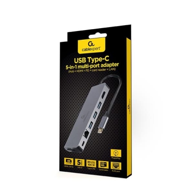 GEMBIRD MULTI ADAPTER USB TYP-C 5W1 HUB, HDMI, CZYTNIK KART, LAN, PD - 100W)-5895523