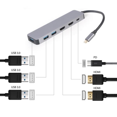 GEMBIRD MULTI ADAPTER USB TYP-C 3W1 SREBRNY HUB USB, HDMI, PD (100W)-5895526