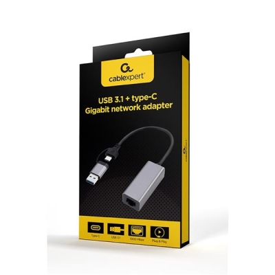 GEMBIRD ADAPTER USB TYP 3.1 + USB-C -> LAN RJ45 GIGABIT 15CM-5986068